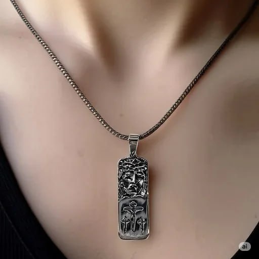 Face of Christ and Crucifixion pendant in 925 sterling silver worn on model – double-sided Orthodox necklace by Snow Cat Jewelry