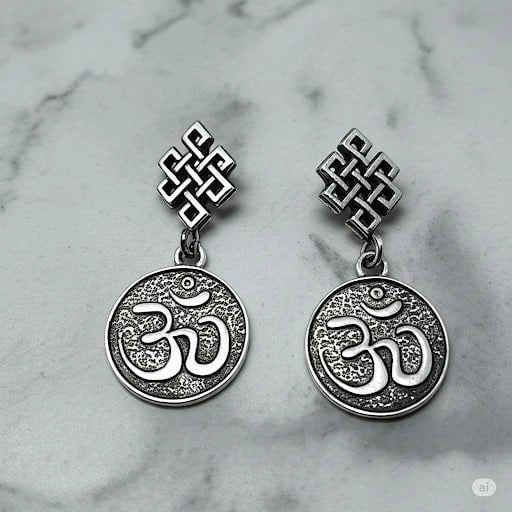 Front view of sterling silver earrings with Om symbol and Endless Knot – spiritual jewelry for yoga and meditation by Snow Cat Jewelry