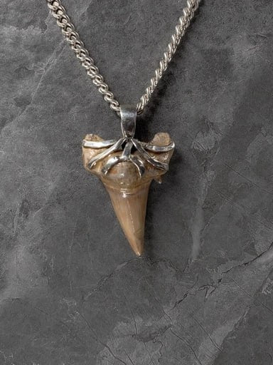 Megalodon fossil tooth pendant with claw-style 925 sterling silver setting – handcrafted ocean jewelry by Snow Cat Jewelry