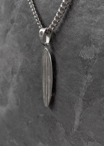 925 sterling silver surf longboard pendant with detailed grooved design and classic minimalist finish – handcrafted necklace by Snow Cat Jewelry
