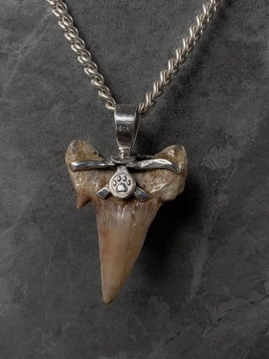 Genuine Megalodon tooth pendant with sterling silver bear paw setting – fossil shark tooth jewelry by Snow Cat Jewelry