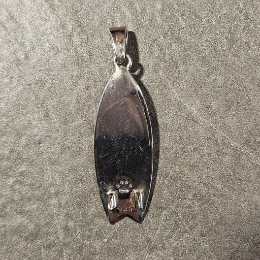 Back side of handcrafted fish surfboard pendant in sterling silver with 925 stamp – Barong surf jewelry by Snow Cat Jewelry