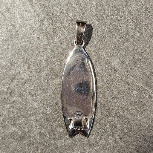 Back view of handcrafted sterling silver surfboard pendant with 925 hallmark and fish tail design – Barong surf collection by Snow Cat Jewelry