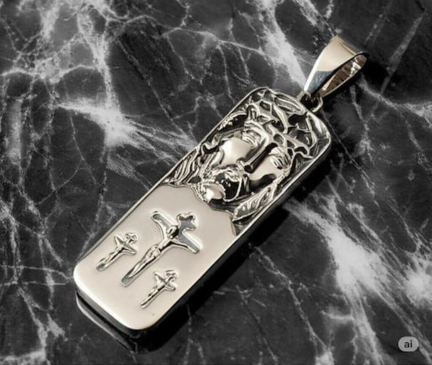 High-relief sterling silver pendant featuring Face of Christ and three crosses on Golgotha – Orthodox double-sided jewelry by Snow Cat Jewelry