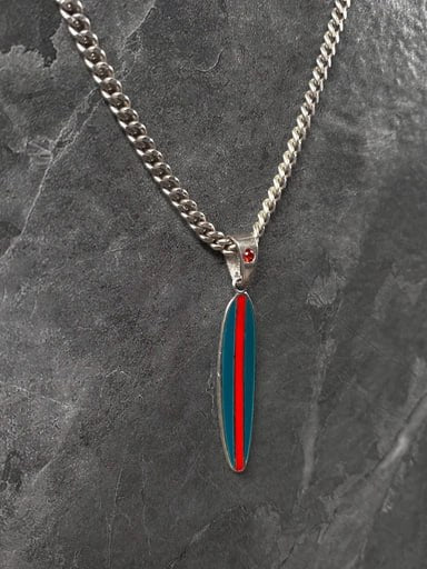 Side view of Reef Runner surfboard pendant with red stripe and teal enamel – 925 sterling silver longboard necklace with red gemstone bail by Snow Cat Jewelry