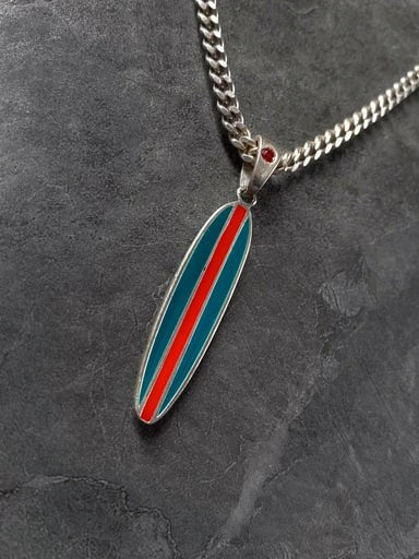 Reef Runner surfboard pendant with teal and red enamel – 925 sterling silver longboard necklace with red gemstone by Snow Cat Jewelry