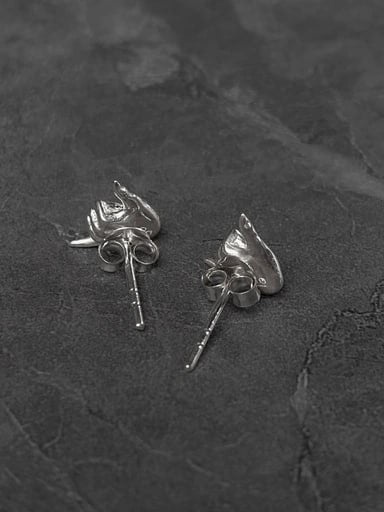 Back view of sterling silver Shaka stud earrings shaped as surf hand gesture – Snow Cat Jewelry