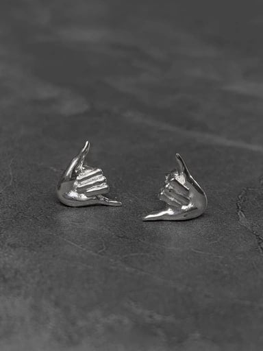 Front view of sterling silver Shaka stud earrings shaped as a hang loose hand gesture – unisex surf-style jewelry by Snow Cat Jewelry