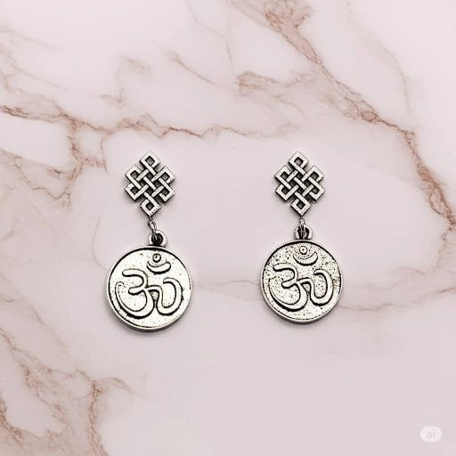Pair of sterling silver earrings featuring Om symbol and Endless Knot – spiritual yoga jewelry by Snow Cat Jewelry