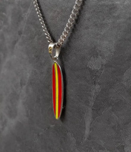 Sunset Surf enamel Surf Longboard pendant in red and yellow with yellow stone – handcrafted 925 silver necklace by Snow Cat Jewelry